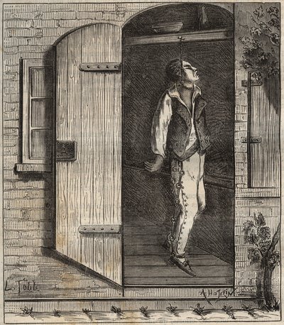 Selvmord i fengselet i Rochefort i 1840. Gravering i "Historien om fengslene fra deres opprettelse til i dag"" (1877) av Pierre Zaccone (1817-1895) (Colonia Penale - straffekoloni). Privat samling. av Anonymous Anonymous