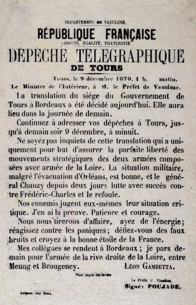Telegrafiske nyheter om Tours of 9/12/1870 av Léon Gambetta. av Anonymous Anonymous