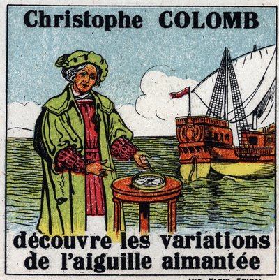 Terrestrisk magnetisme: Christopher Columbus (1451-1506) oppdager variasjonene av magnetnålen til en kompasssole under sin reise til Amerika i 1492. Anonym illustrasjon fra 1925. Privat samling. av Anonymous Anonymous