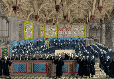 Parlamentsforsamlingen i 1787 i nærvær av kong Louis XVI, gravering, privat samling av Anonymous Anonymous