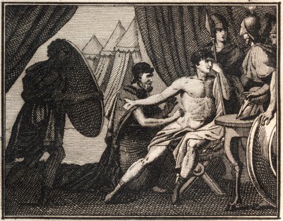 Epaminondas død (etter slaget mot spartanerne ved Mantineia 362 f.Kr.). Gravering fra "" Ungdommens Rollin eller utvalgte stykker av antikke og romerske historier"" 1816. Privat samling. av Anonymous Anonymous