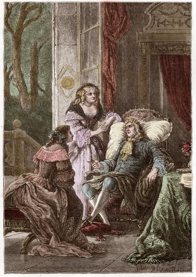 Hertugen Francois de La Rochefoucauld (1613-1680), markisen Madame de Sevigne (1626-1696) og grevinnen de La Fayette (1634-1693), franske forfattere - Gravering av Hildebrand etter P. Philippoteaux - (hertug Francois de La Rochefoucauld (1613-1680), Marc av Anonymous Anonymous