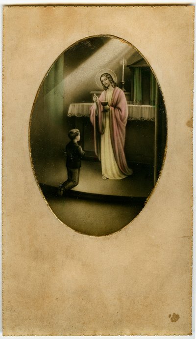 Eukaristien, nattverden, alterets sakrament: et barn foran Jesus (gravering) av Anonymous Anonymous