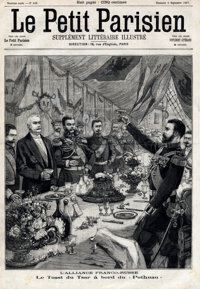 Den fransk-russiske alliansen: skålen for tsar Nicholas II (1868-1918) til ære for den franske presidenten Felix Faure (1841-1899) ombord på Pothau. I "" Le Petit Parisien"" 5.09.1897. Privat samling av Anonymous Anonymous