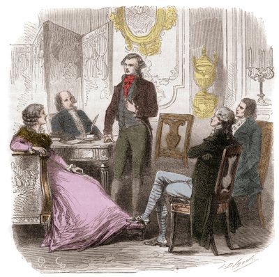 Girondinene hjemme Madame Roland - Reunion des Girondins chez Madame Roland (Manon (Jeanne Marie) Roland Philipon) (1754-1793) - Gravering i "Histoire des Girondins" av Alphonse de Lamartine (1790-1869) 1865-1866 samling av Anonymous Anonymous