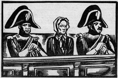 Henriette Cornier-saken, representert på standen i rettssaken hennes for drap på et spedbarn, nær hennes arbeidsgivere i november 1825. Illustrasjon hentet fra "" Le petit journal illustrious"" 1931 av Anonymous Anonymous