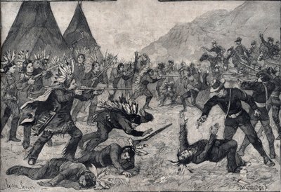Det indiske opprøret i USA: en kamp mellom sioux-indianere og amerikanske tropper. Gravering i “” Le petit Parisien”” fra 1891. Privat samling. av Anonymous Anonymous