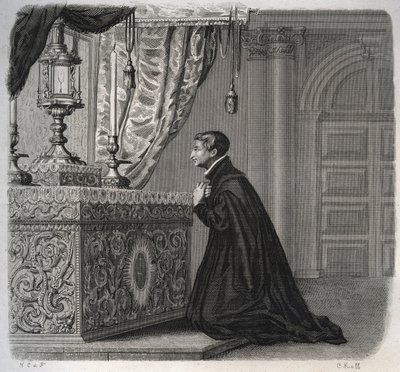 Den italienske jesuiten Louis de Gonzague (San Luigi Gonzaga) (1568-1591) i bønn. Gravering fra 1846 i "" Lives of the saints"". Privat samling. av Anonymous Anonymous