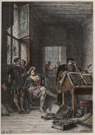 Kongen av Frankrike Francois I (1494-1547), beskytter av kunst og bokstaver, besøkte verkstedene til trykkeriene Estienne (Robert Estienne), rundt 1540 (kongen av Frankrike Frans I besøkte verkstedene til de kongelige typografene Estienne av Anonymous Anonymous