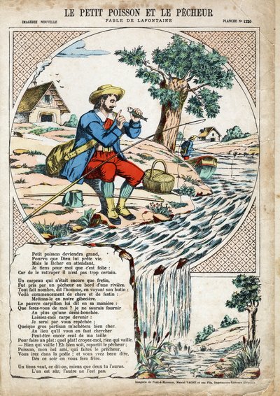 Den lille fisken og fiskeren. Anonym illustrasjon for Les Fables av Jean de LA FONTAINE (Lafontaine) (1621-1695). Avbildning av Pont-a-Mousson, ca 1880. Privat samling. av Anonymous Anonymous