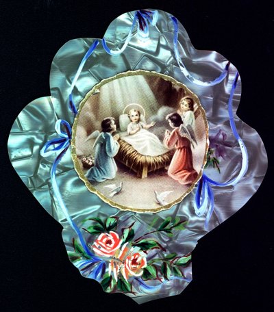Nativitten. Barnet Jesus omgir engler Fromme bilde. Dentelee postkort. Privat samling av Anonymous Anonymous