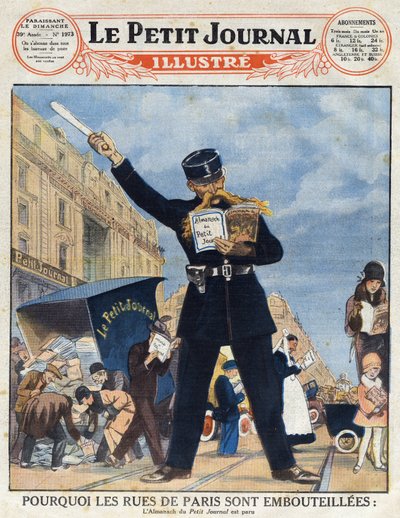 Den parisiske befolkningen utnyttet en varebil og en politimann leste Almanach i stedet for å sirkulere fra «Le petit journal illustré» av Anonymous Anonymous