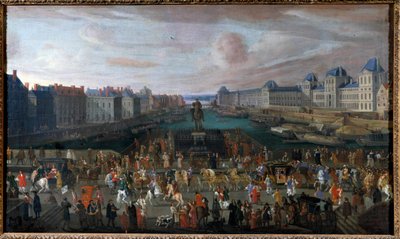 Pont Neuf sett fra inngangen til Place Dauphine, Quai Malaquais med College of Four Nations (Institut de France) under bygging Grande Galerie og Louvre ved passasjen av et cortege Anonymous-maleri. 1665. Dim. 0,74 x 1,25 m. av Anonymous Anonymous
