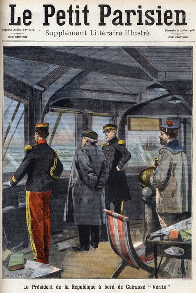 Republikkens president Armand Fallieres (1841-1931) ombord på Cuirasse "" Verite"". En av avisen "" Le petit parisien"" den 26.07.1908. Privat samling. av Anonymous Anonymous