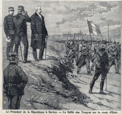 The President of the Republic Felix Faure (1841-1899) visits Verdun (Meuse): the defile of the military school of the road of Etin. Engraving in “” Le Petro Parisien”” av Anonymous Anonymous