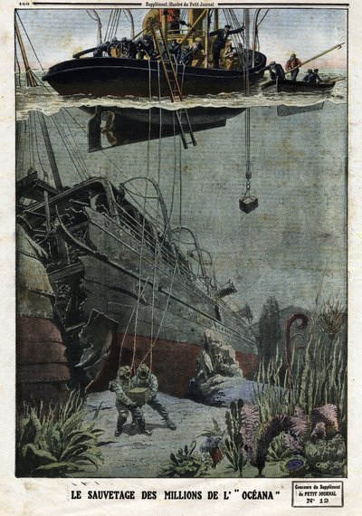 The Rescue of the Millions of the Oceana: Scaphandlers dykker utenfor Eastbourne for å plukke opp de 18 millioner metallene som den britiske rutebåten skulle frakte til India. Gravering i "" Le Petite Journal"", 19.05.1912. Privat samling. av Anonymous Anonymous