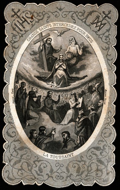 Jomfru Maria med den hellige treenighet (Gud, Jesus Kristus og Den Hellige Ånds due). Dentelee kort. 1800-tallet. Privat samling av Anonymous Anonymous