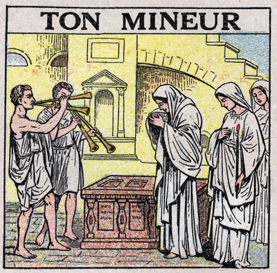 The art of sounds: your miner. Double flute players in a street in ancient times (during a funeral?). Anonymous illustration from 1925. Private collection. av Anonymous Anonymous