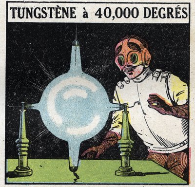 Atomet og vitenskapen: forsøk å løse opp wolfram ved å fordampe en fin ledning av dette metallet til 40 000 grader. Anonym illustrasjon fra 1925. Privat samling. av Anonymous Anonymous