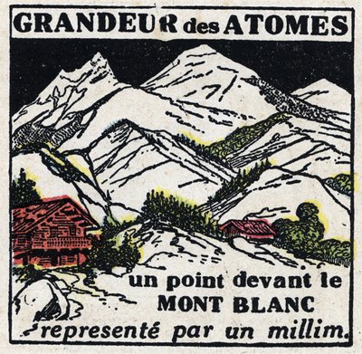 Atomet og vitenskapen: størrelsen på atomer. Et punkt foran Mont Blanc representert med en millimeter. Anonym illustrasjon fra 1925. Privat samling. av Anonymous Anonymous