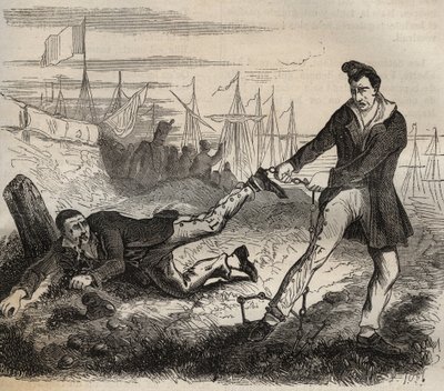 Den største plagen til forcaten er å være en miskamerat. Kamp mellom to fanger forbundet med samme kjede. Bagne de Rochefort på 1800-tallet. Gravering i "Fengselshistorien fra deres opprettelse til i dag"" (1877) av Pierre Zaccone (1817-1895 av Anonymous Anonymous
