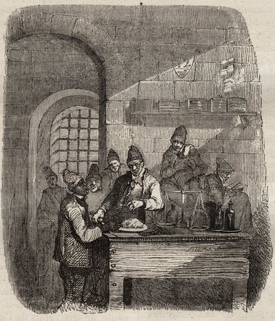 Kantinen til Brest-fengselet på 1800-tallet. Gravering i «Fangernes historie fra deres skapelse til i dag» (1877) av Pierre Zaccone (1817-1895) (Colonia Penale - Straffekoloni). Privat samling. av Anonymous Anonymous