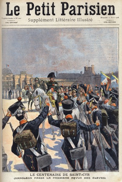Hundreårsjubileet til Saint Cyr (Saint-Cyr): Napoleon I Bonaparte (1769-1821) bestod den første anmeldelsen av elevene ved militærskolen. En av avisen "" Le petit parisien"" den 12/04/1908. Privat samling. av Anonymous Anonymous