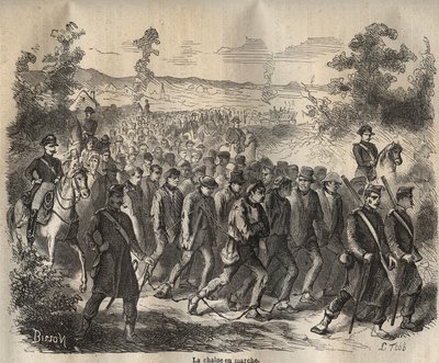 Kjeden startet ved Toulon Bagne på 1800-tallet. Gravering i "Fengselshistorie fra deres opprettelse til i dag"" (1877) av Pierre Zaccone (1817-1895) (Colonia Penale - straffekoloni). Privat samling. av Anonymous Anonymous