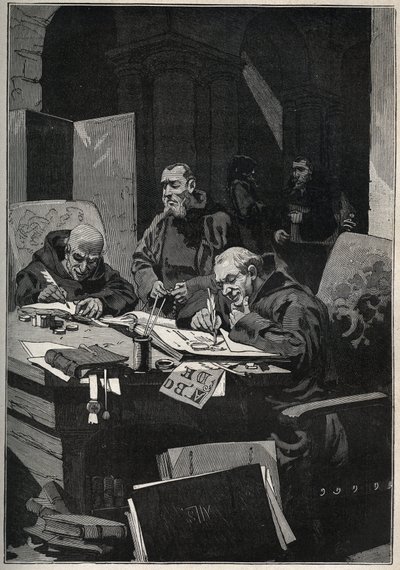 Krysografen: kopierte munker som utførte belysninger med gullbokstaver i middelalderen. Gravering fra 1885 i "" Les arts et metiers illustres"" av Adolphe BITARD. av Anonymous Anonymous