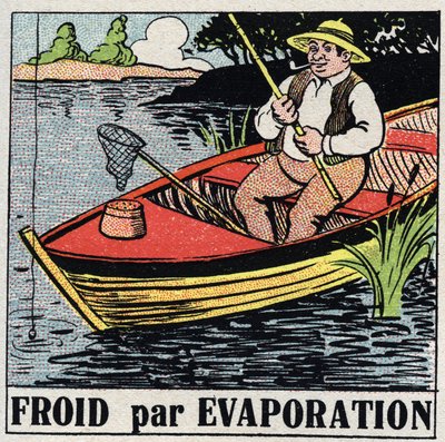 Den kalde industrien: kald ved fordampning. En fisker i båten holder seg kjølig takket være fordampningen av elvevannet. Anonym illustrasjon fra 1925. Privat samling. av Anonymous Anonymous
