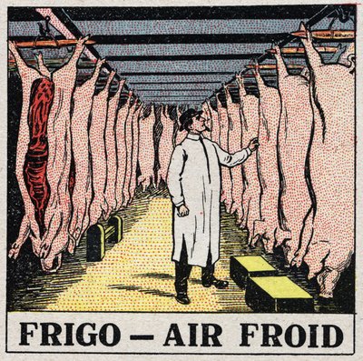Kaldindustrien: lagring av kjøtt i kjøleskap. Anonym illustrasjon fra 1925. Privat samling. av Anonymous Anonymous