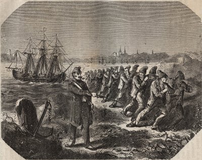 Cordellen (arbeid med stor tretthet) ved bagne de Rochefort på 1800-tallet. Gravering i "Fengselshistorien fra deres opprettelse til i dag"" (1877) av Pierre Zaccone (1817-1895) (Colonia Penale - straffekoloni) av Anonymous Anonymous
