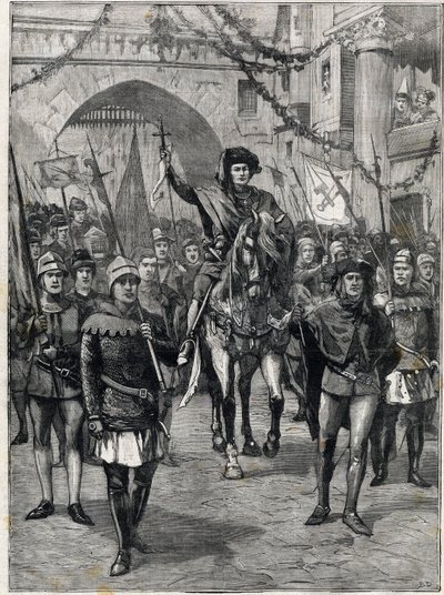 Kortesjen av selskaper på 1300-tallet: The prevot of the merchants of Paris. Gravering. I "" The Little Parisien"", 18.06.1899. Privat samling. av Anonymous Anonymous