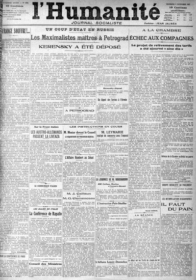 Kuppet i Russland på overskriftene til den sosialistiske avisen "Humanity". Overskrifter:"" Mestermaksimalistene i Petrograd", "" Kerenskij ble deponert""" (Kerenski), 9.11.1917. av Anonymous Anonymous