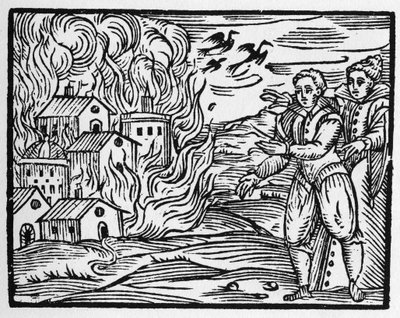 Forbannelsen av trollmenn som brenner byen - "" Compendium Maleficarum"", omhandler hekser, deres ondskap og deres sortileges av Francesco Maria Guazzo eller Guaccio eller Guaccius (15?? -16??) 1608 Private Collection av Anonymous Anonymous