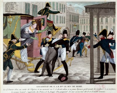 Dødsfallet til Charles Ferdinand de Bourbon, hertugen av Berry (1778-1820) 13/02/1820 ved utgangen til Royal Academy of Music Nevøen til kong Louis XVIII ble myrdet i Operaen av Louvel, en republikaner som ønsket å stenge ned det kongelige dynastiet. Engra av Anonymous Anonymous
