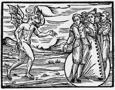 Djevelen forplikter de som fikk ham til å fremstå til å inngå en pakt med ham - "Compendium Maleficarum", omhandler hekser, deres ondskap og deres sortileges av Francesco Maria Guazzo eller Guaccio eller Guaccius (15?? -16??) 1608 Private Collect av Anonymous Anonymous