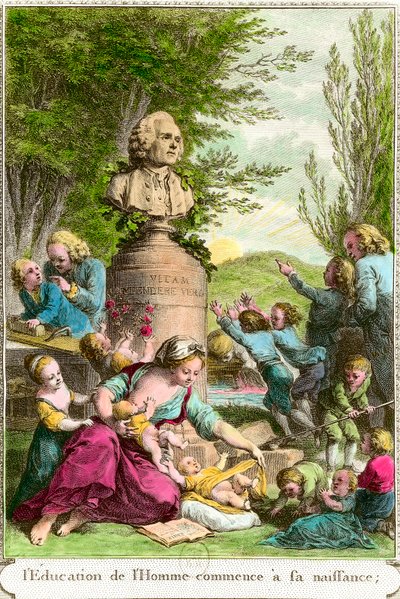 Utdannelsen til mennesket begynner ved hans fødsel: mødre med barna sine, sammen med en byste til hyllest til den sveitsiske filosofen Jean Jacques Rousseau (1712-1778). Gravering av privatsamlingen fra 1700-tallet av Anonymous Anonymous