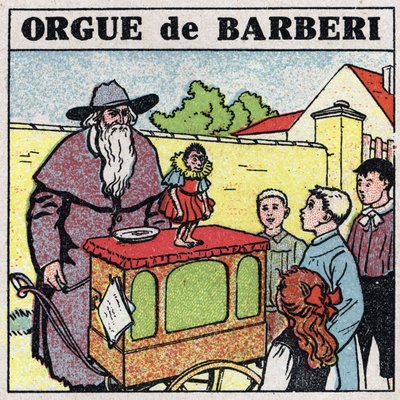 Effektene av musikk: en stikkende orgelspiller og en ape underholder barn på en gate. Anonym illustrasjon fra 1925. Privat samling. av Anonymous Anonymous