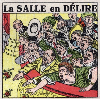 Effektene av musikk: tilskuere av et teater uttrykker sin glede med rop, applaus og blomstrende blomster. Anonym illustrasjon fra 1925. Privat samling. av Anonymous Anonymous