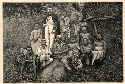 Oppdageren Pierre Savorgnan fra Brazza (1852-1905) og en gruppe urfolk fra det apostoliske vikariatet for de to Guineas (To Guineas) i Gabon. Gravering i «Les Missions Catholiques au XIXeme Siecle»» av Louis-Eugene (Louis Eugene) Louvet. pr av Anonymous Anonymous