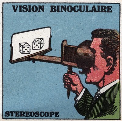 The eye: binocular vision. Use of a stereoscope to see in relief. Anonymous illustration from 1925. Private collection. av Anonymous Anonymous