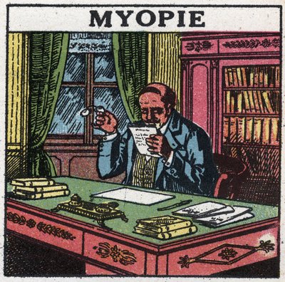 Øyet: person som lider av nærsynthet. Anonym illustrasjon fra 1925. Privat samling. av Anonymous Anonymous