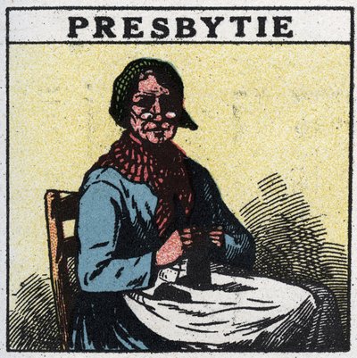 Øyet: person som lider av presbyopi. Anonym illustrasjon fra 1925. Privat samling. av Anonymous Anonymous