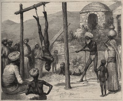 Fakiren i India - Fakirene (Faquir) i India - ble hengt etter føttene på en trestang - gravering fra 1892 i "Journal des voyages". av Anonymous Anonymous