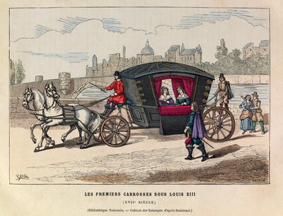 De første vognene under kong Louis XIIIs regjeringstid på 1600-tallet - Tidlig fransk buss, kongen Ludvig XIIIs regjeringstid på 1600-tallet - privat samling av Anonymous Anonymous