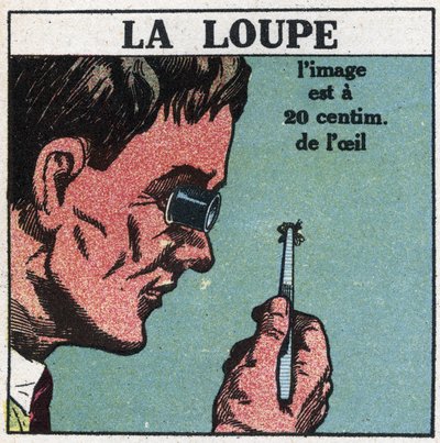 De første optiske instrumentene: forstørrelsesglasset. Anonym illustrasjon fra 1925. Privat samling. av Anonymous Anonymous