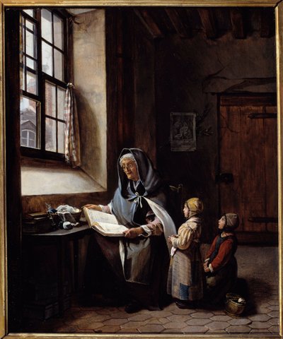 Bestemoren En bestemor leser sine to barnebarn. Anonymt maleri. 1800-tallet. Privat samling av Anonymous Anonymous