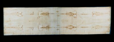 Det hellige likkledet i Torino (eller likkledet eller sacra sindone), linlaken som viser spor (antagelig Kristus) av tortur av en kropp. Royal Chapel of Cathedrale Saint John the Baptist i Torino, Italia. - The Holy Shroud of Turin (sacra sindone), gammel  av Anonymous Anonymous