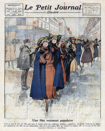 Reisen til katerinetter, unge sølibatariske jenter med tradisjonelle hatter, i gatene i Paris. Illustrasjon hentet fra "" Le petit journal illustrious"" av 04/12/1921. Privat samling av Anonymous Anonymous